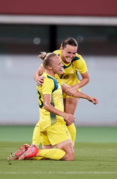 Tameka Yallop of Australia celebrates with Hayley Raso of Australia after scoring her teams first goal in the Women's First Round Group G match...