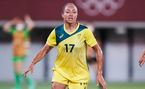 Kyah Simon of Australia looks on in the Women's First Round Group G match between Australia and New Zealand during the Tokyo 2020 Olympic Games at...