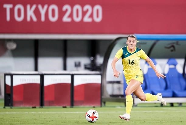 Hayley Raso of Australia controls the ball in the Women's First Round Group G match between Australia and New Zealand during the Tokyo 2020 Olympic...