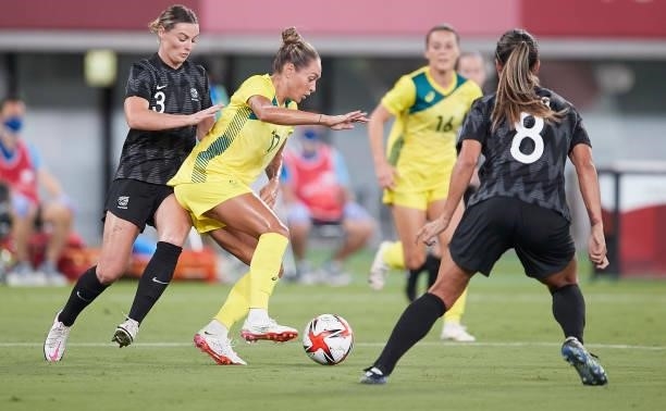Kyah Simon of Australia controls the ball in the Women's First Round Group G match between Australia and New Zealand during the Tokyo 2020 Olympic...