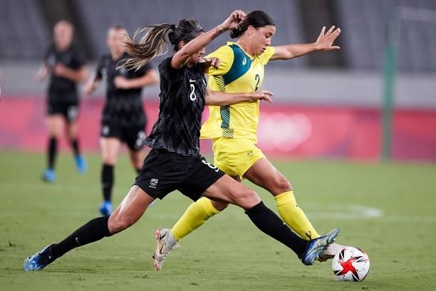 Sam Kerr of Australia and Abby Erceg of New Zealand battle for the ball in the Women's First Round Group G match between Australia and New Zealand...
