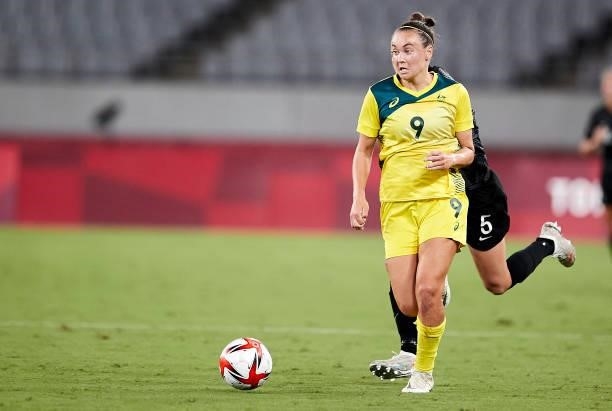 Caitlin Foord of Australia controls the ball in the Women's First Round Group G match between Australia and New Zealand during the Tokyo 2020 Olympic...