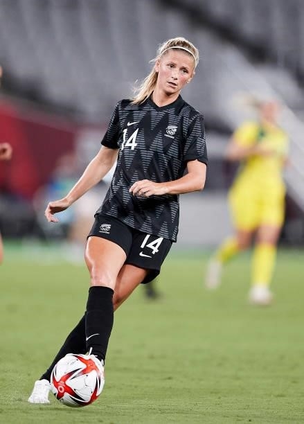 Katie Bowen of New Zealand controls the ball in the Women's First Round Group G match between Australia and New Zealand during the Tokyo 2020 Olympic...