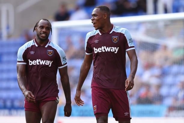 Issa Diop of West Ham United celebrates scoring the opening goal with Michail Antonio during the pre-season friendly between Reading and West Ham...
