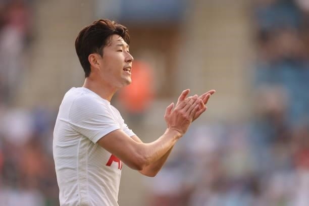 Son Heung-min of Tottenham Hotspur applauds during the pre-season friendly between Colchester United and Tottenham Hotspur at JobServe Community...