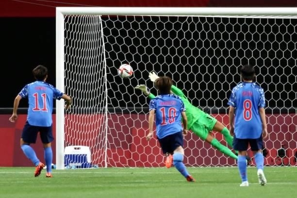 Stephanie Labbe of Team Canada saving a penalty during the Women's First Round Group E match between Japan and Canada during the Tokyo 2020 Olympic...