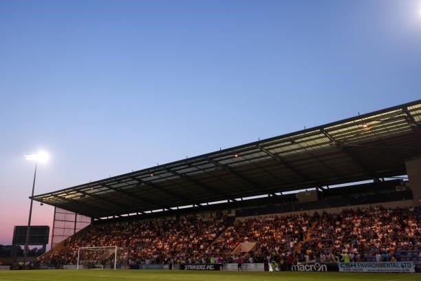 General internal view at JobServe Community Stadium, home stadium of Colchester United during dusk sunset as fans are seen back in the stadium during...