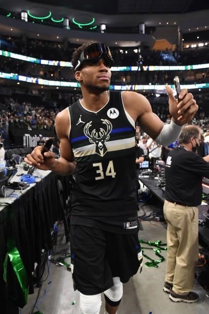 Giannis Antetokounmpo of the Milwaukee Bucks celebrates after winning Game Six of the 2021 NBA Finals on July 20, 2021 at the Fiserv Forum in...