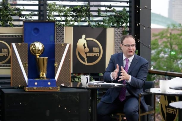 Analyst, Adrian Wojnarowski discusses the game during during Game Six of the 2021 NBA Finals on July 20, 2021 at Fiserv Forum in Milwaukee,...
