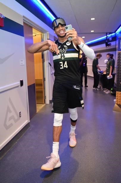 Giannis Antetokounmpo of the Milwaukee Bucks celebrates after winning Game Six of the 2021 NBA Finals on July 20, 2021 at the Fiserv Forum in...