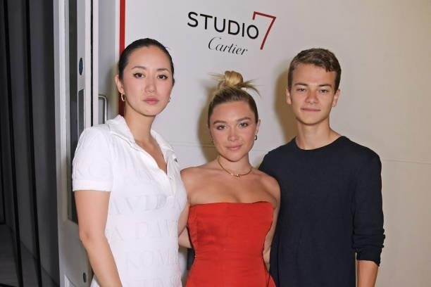 Betty Bachz, Florence Pugh and Conrad Khan attend a private view of "Studio 7 By Cartier