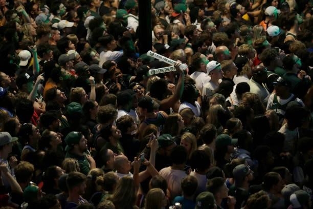 Milwaukee Bucks fans outside of the Fiserv Forum in the Deer District during Game Six of the 2021 NBA Finals on July 20, 2021 at Fiserv Forum in...