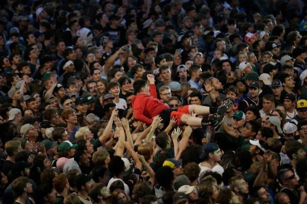Milwaukee Bucks fans celebrate outside of the Fiserv Forum in the Deer District during Game Six of the 2021 NBA Finals on July 20, 2021 at Fiserv...