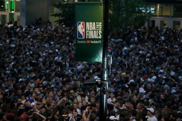 Milwaukee Bucks fans outside of the Fiserv Forum in the Deer District during Game Six of the 2021 NBA Finals on July 20, 2021 at Fiserv Forum in...