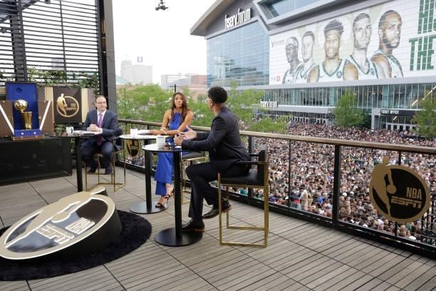 Analysts, Adrian Wojnarowski, Maria Taylor, and Jalen Rose discuss the game during during Game Six of the 2021 NBA Finals on July 20, 2021 at Fiserv...