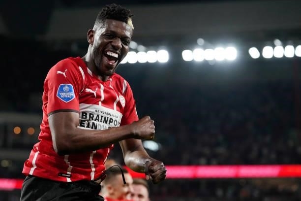 Ibrahim Sangare of PSV celebrates 5-1 during the UEFA Champions League match between PSV v Galatasaray at the Philips Stadium on July 21, 2021 in...