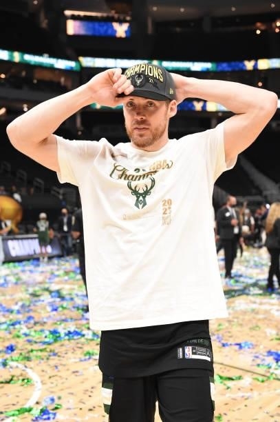 Pat Connaughton of the Milwaukee Bucks celebrates after winning Game Six of the 2021 NBA Finals on July 20, 2021 at the Fiserv Forum in Milwaukee,...