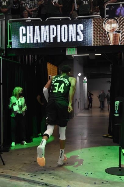 Giannis Antetokounmpo of the Milwaukee Bucks walks off of the court after winning Game Six of the 2021 NBA Finals on July 20, 2021 at the Fiserv...