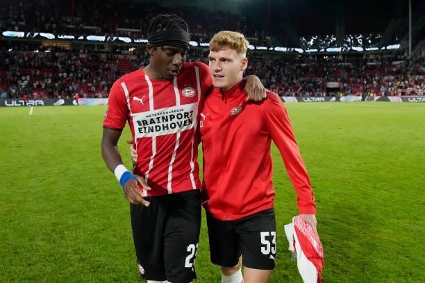 Noni Madueke of PSV, Yorbe Vertessen of PSV during the UEFA Champions League match between PSV v Galatasaray at the Philips Stadium on July 21, 2021...