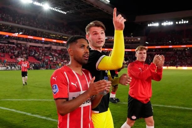Phillipp Mwene of PSV, Vincent Muller of PSV, Yorbe Vertessen of PSV during the UEFA Champions League match between PSV v Galatasaray at the Philips...