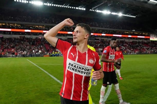 Olivier Boscagli of PSV during the UEFA Champions League match between PSV v Galatasaray at the Philips Stadium on July 21, 2021 in Eindhoven...