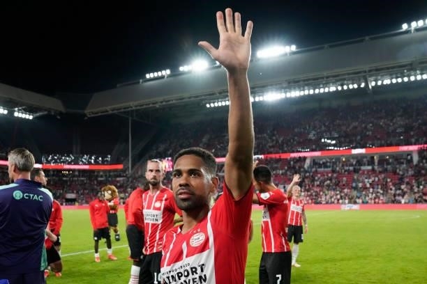Phillipp Mwene of PSV during the UEFA Champions League match between PSV v Galatasaray at the Philips Stadium on July 21, 2021 in Eindhoven...