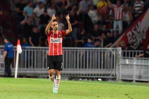 Eran Zahavo of PSV Eindhoven celebrates after scoring his team's fourth goal during the UEFA Champions League Qualifiers Match between PSV Eindhoven...
