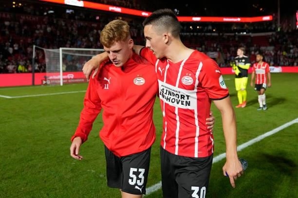 Yorbe Vertessen of PSV, Ryan Thomas of PSV during the UEFA Champions League match between PSV v Galatasaray at the Philips Stadium on July 21, 2021...