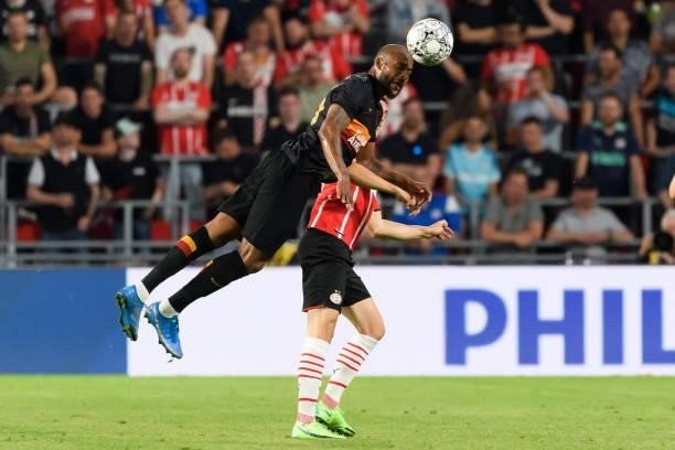 Marcao of Galatasaray Istanbul and Davy Proepper of PSV Eindhoven battle for the ball during the UEFA Champions League Qualifiers Match between PSV...