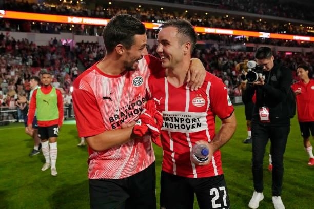 Nick Viergever of PSV, Mario Gotze of PSV during the UEFA Champions League match between PSV v Galatasaray at the Philips Stadium on July 21, 2021 in...