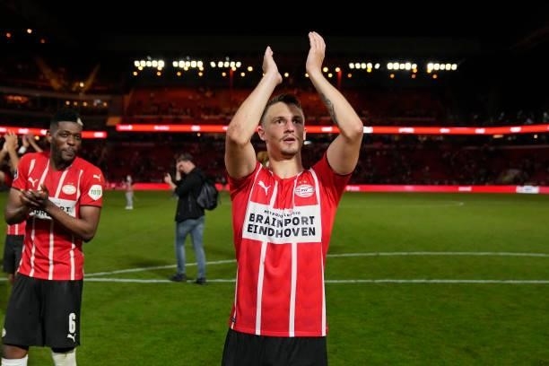 Olivier Boscagli of PSV during the UEFA Champions League match between PSV v Galatasaray at the Philips Stadium on July 21, 2021 in Eindhoven...