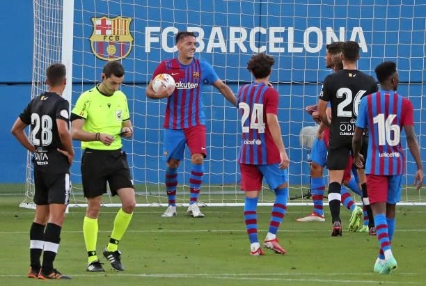 Rey Manaj hat trick celebration during the friendly match between FC Barcelona and Club Gimnastic de Tarragona, played at the Johan Cruyff Stadium on...