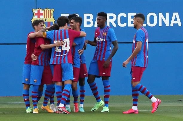 Barcelona players celebration during the friendly match between FC Barcelona and Club Gimnastic de Tarragona, played at the Johan Cruyff Stadium on...
