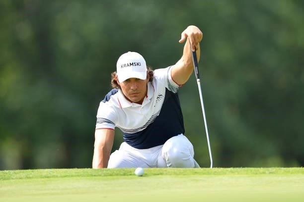 Dominic Foos of Germany lines up a put on the 5th hole during the Day One of Italian Challenge at Margara Golf Club on July 22, 2021 in Solero, Italy.