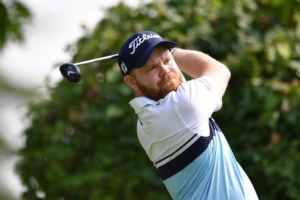 Nathan Kimsey of England plays his first shot on the 1st hole during the Day One of Italian Challenge at Margara Golf Club on July 22, 2021 in...