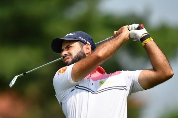 Santiago Tarrio of Spain plays his first shot on the 6st hole during the Day One of Italian Challenge at Margara Golf Club on July 22, 2021 in...