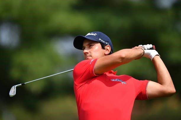 Matteo Manassero of Italy plays his first shot on the 6st hole during the Day One of Italian Challenge at Margara Golf Club on July 22, 2021 in...