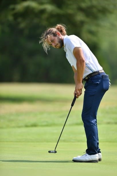 Gregorio De Leo of Italy plays his tee shot on the 5th hole during the Day One of Italian Challenge at Margara Golf Club on July 22, 2021 in Solero,...