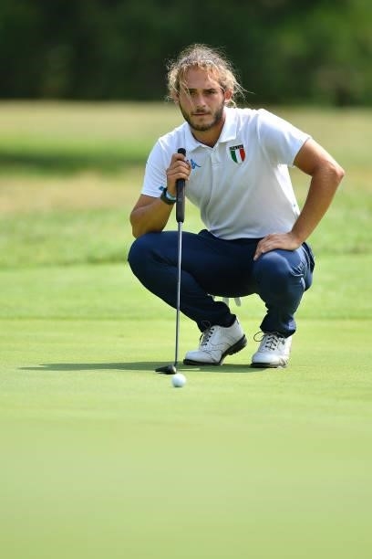 Gregorio De Leo of Italy lines up a put on the 5th hole during the Day One of Italian Challenge at Margara Golf Club on July 22, 2021 in Solero,...