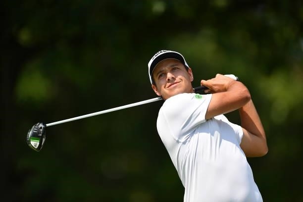 Enrico Di Nitto of Italy plays his first shot on the 1st hole during the Day One of Italian Challenge at Margara Golf Club on July 22, 2021 in...