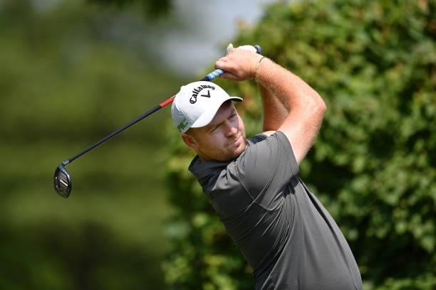 Max Orrin of England plays his first shot on the 1st hole during the Day One of Italian Challenge at Margara Golf Club on July 22, 2021 in Solero,...