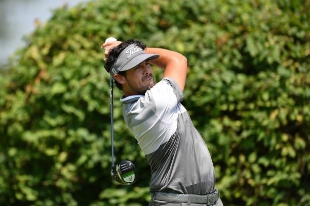 Samuel Del Val of Spain plays his first shot on the 1st hole during the Day One of Italian Challenge at Margara Golf Club on July 22, 2021 in Solero,...