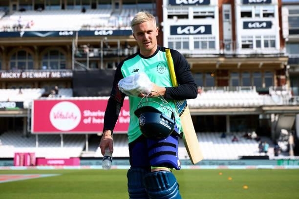 Jason Roy of the Oval Invincibles heads out to warm up ahead of The Hundred match between Oval Invincibles Men and Manchester Originals Men at The...