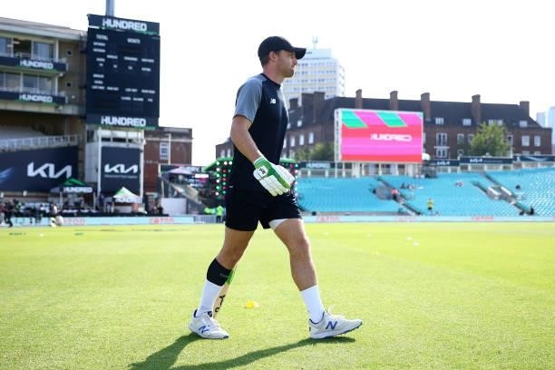 Jos Buttler of the Manchester Originals walks out to warm up ahead of The Hundred match between Oval Invincibles Men and Manchester Originals Men at...