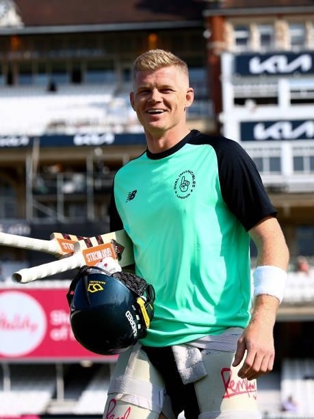 Sam Billings of the Oval Invincibles heads out to warm up ahead of The Hundred match between Oval Invincibles Men and Manchester Originals Men at The...