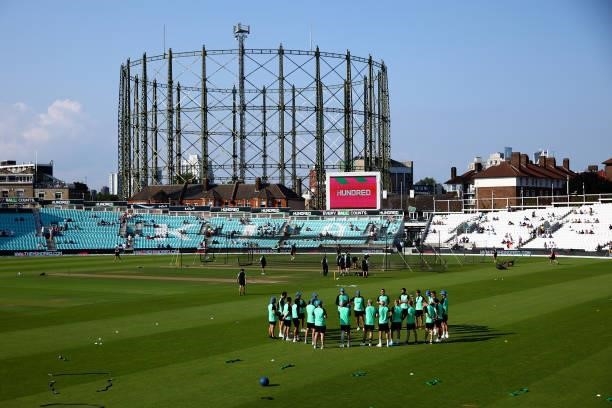 General view as the Oval Invincibles team warms up ahead of The Hundred match between Oval Invincibles Men and Manchester Originals Men at The Kia...