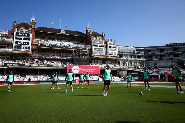 General view as the Oval Invincibles team warms up ahead of The Hundred match between Oval Invincibles Men and Manchester Originals Men at The Kia...