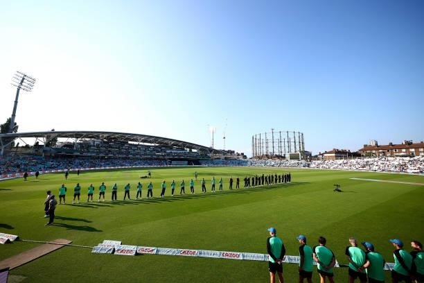 The two teams line up ahead of The Hundred match between Oval Invincibles Men and Manchester Originals Men at The Kia Oval on July 22, 2021 in...