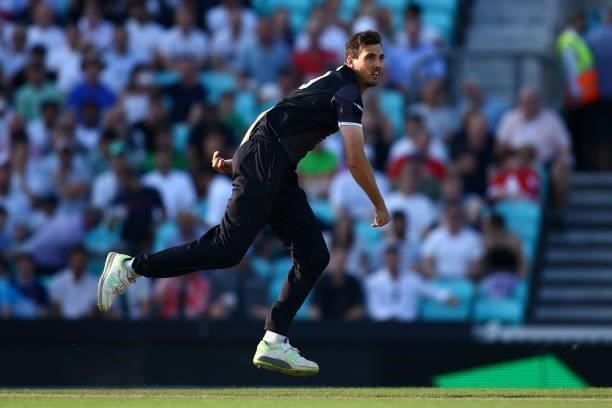 Steven Finn of the Manchester Originals bowls during The Hundred match between Oval Invincibles Men and Manchester Originals Men at The Kia Oval on...