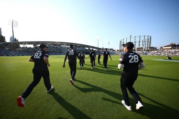 The Manchester Originals walk out to field during The Hundred match between Oval Invincibles Men and Manchester Originals Men at The Kia Oval on July...